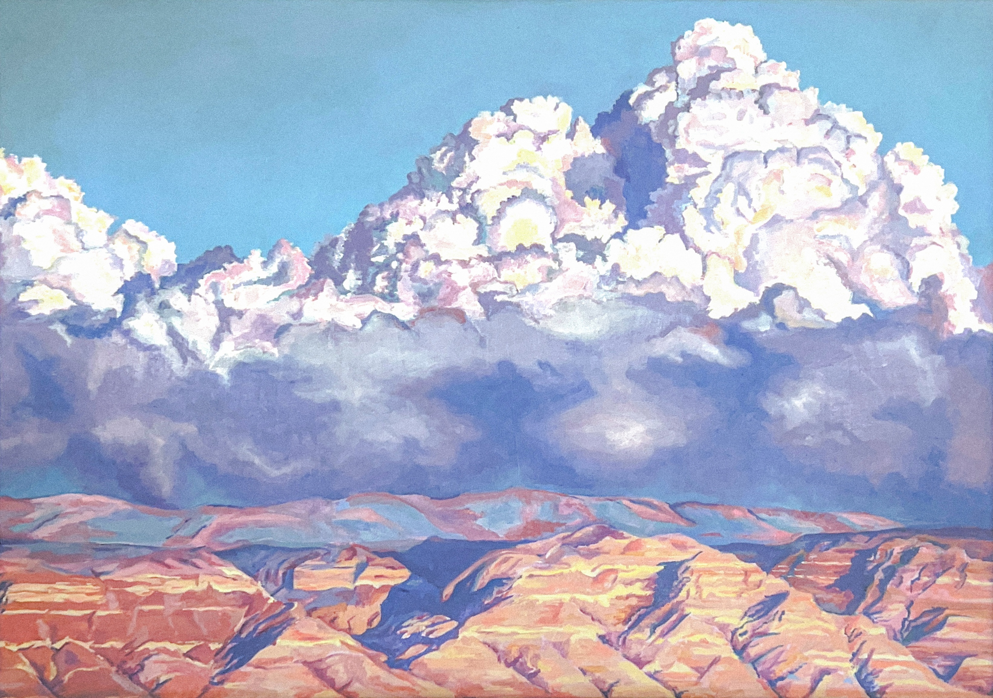 Oil painting of alpenglow light over mountain peaks