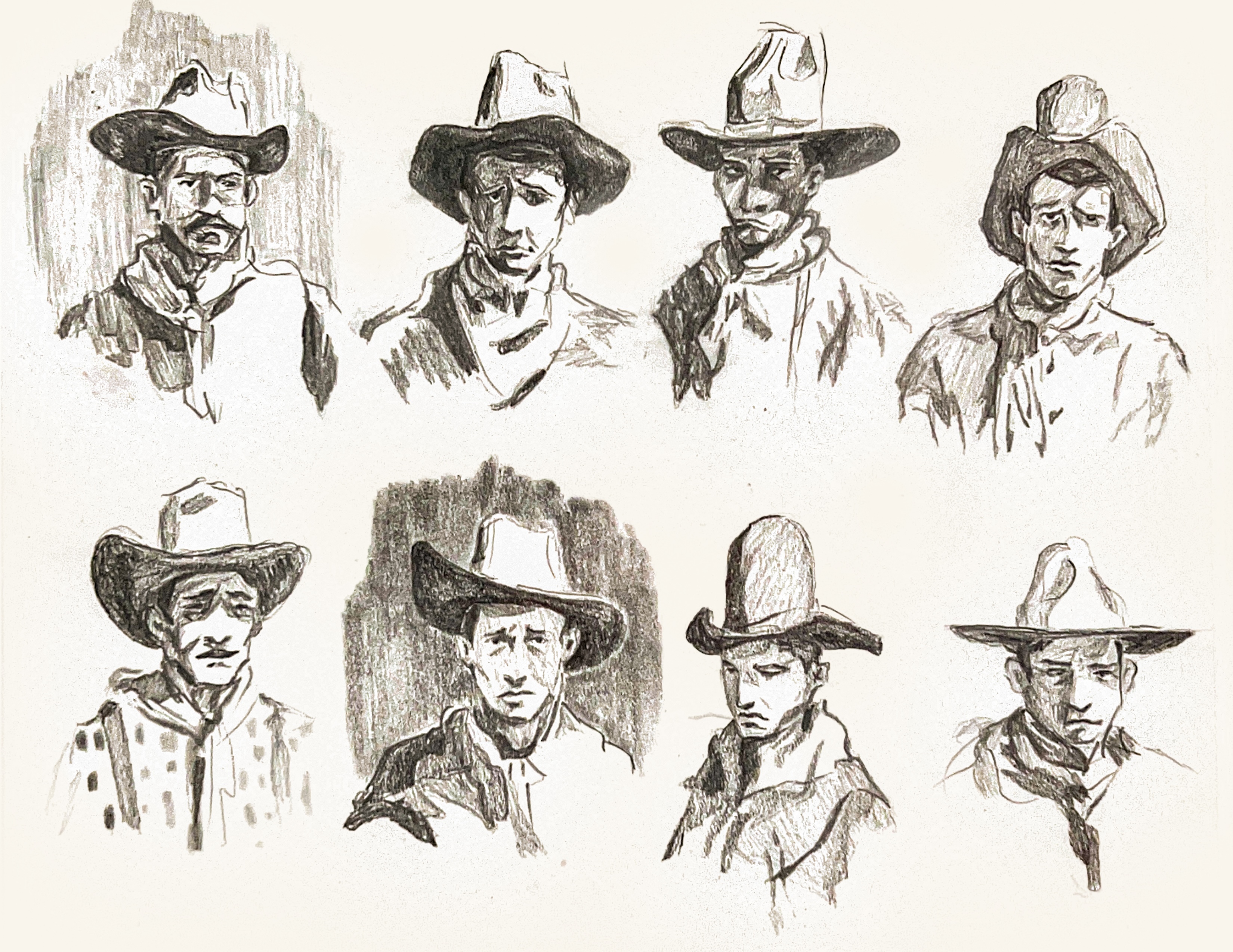 Charcoal character studies of western figures
