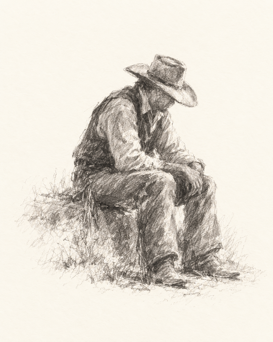 Graphite drawing of a cowboy seated