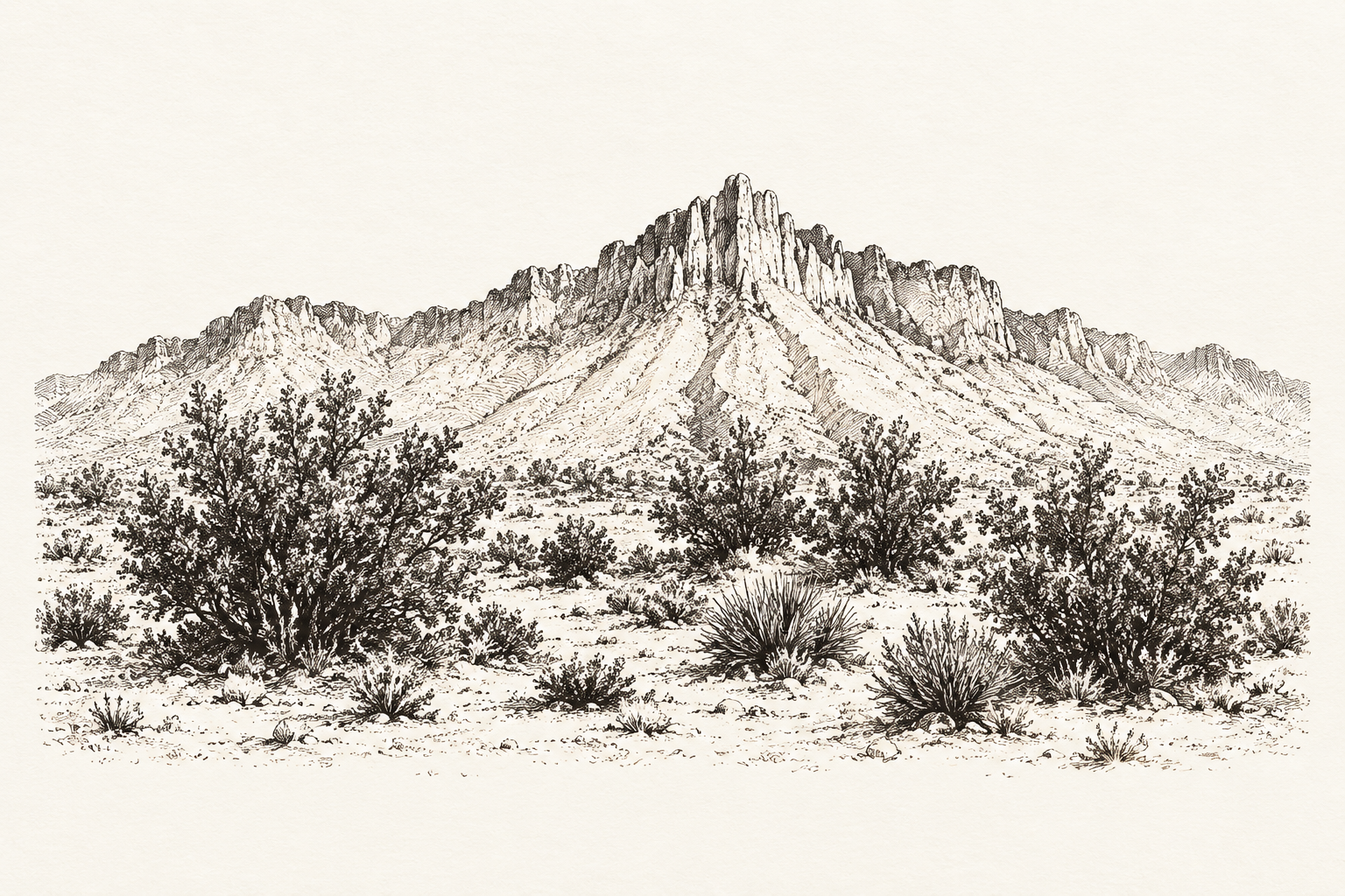 Ink drawing of desert landscape at morning