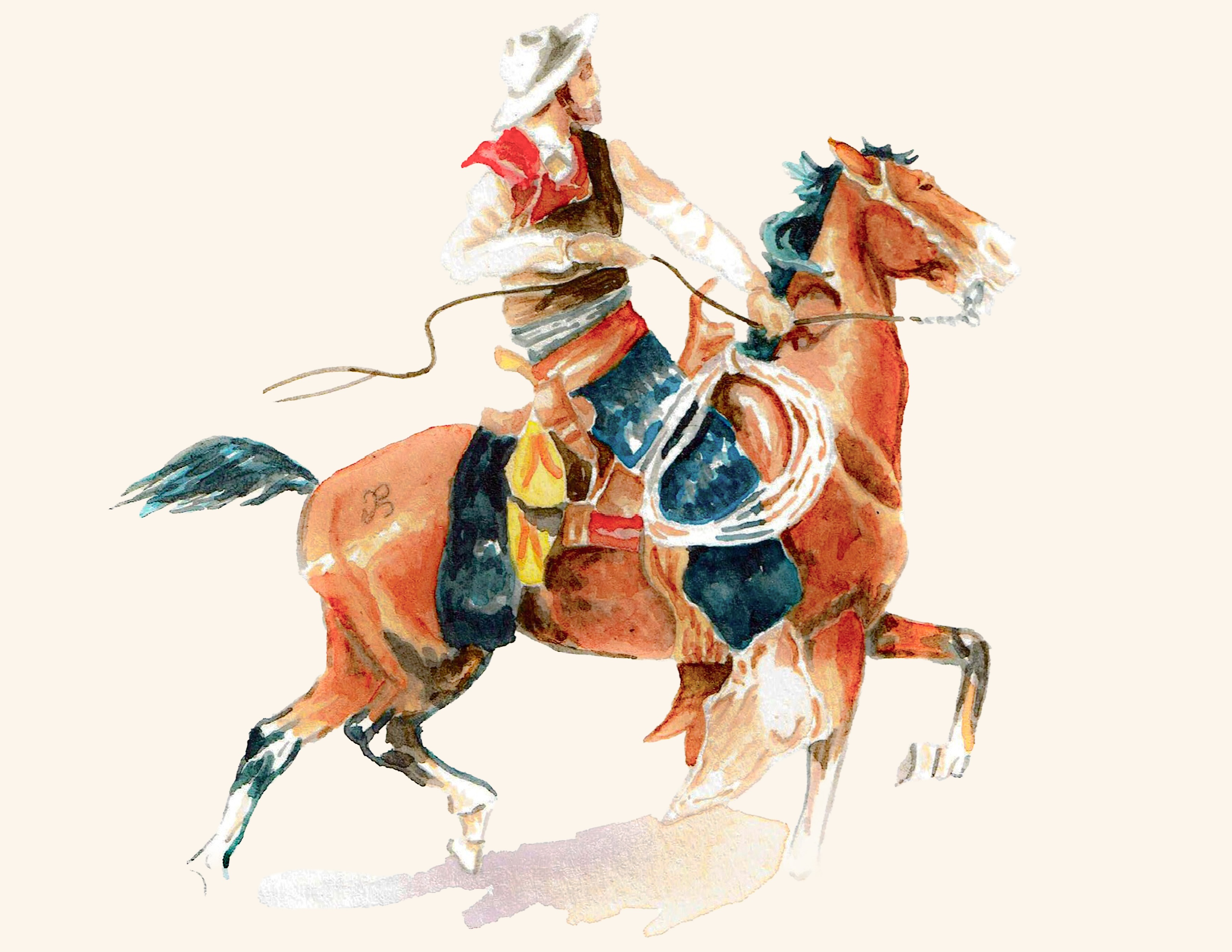 Watercolor painting of a horse at full gallop