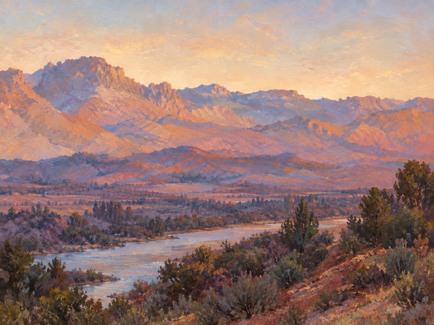 Oil painting of evening light over Ruby Valley