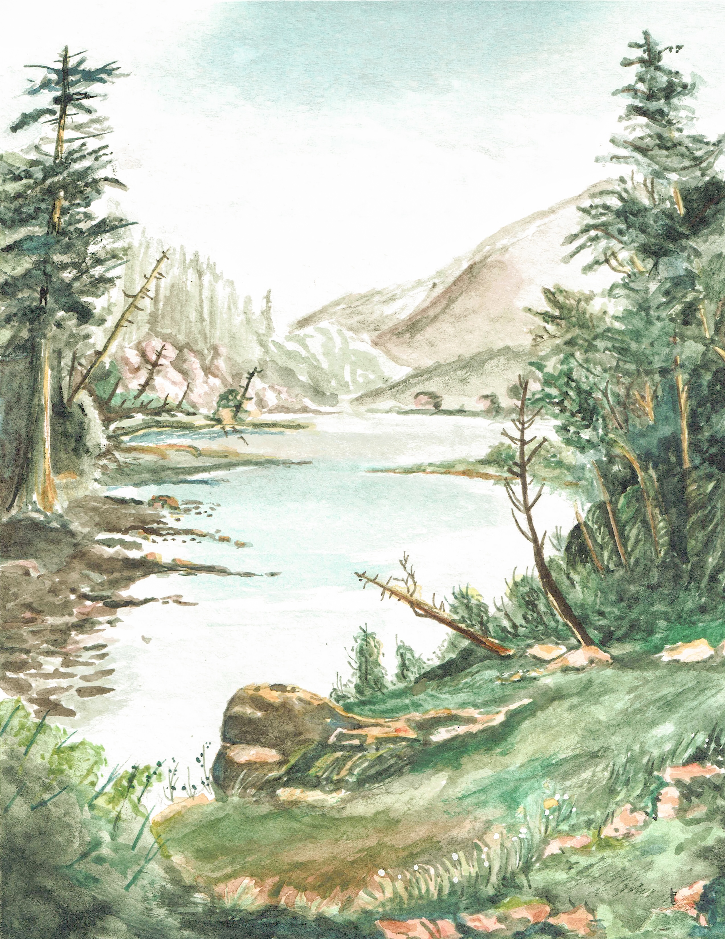 Watercolor painting of a mountain lake