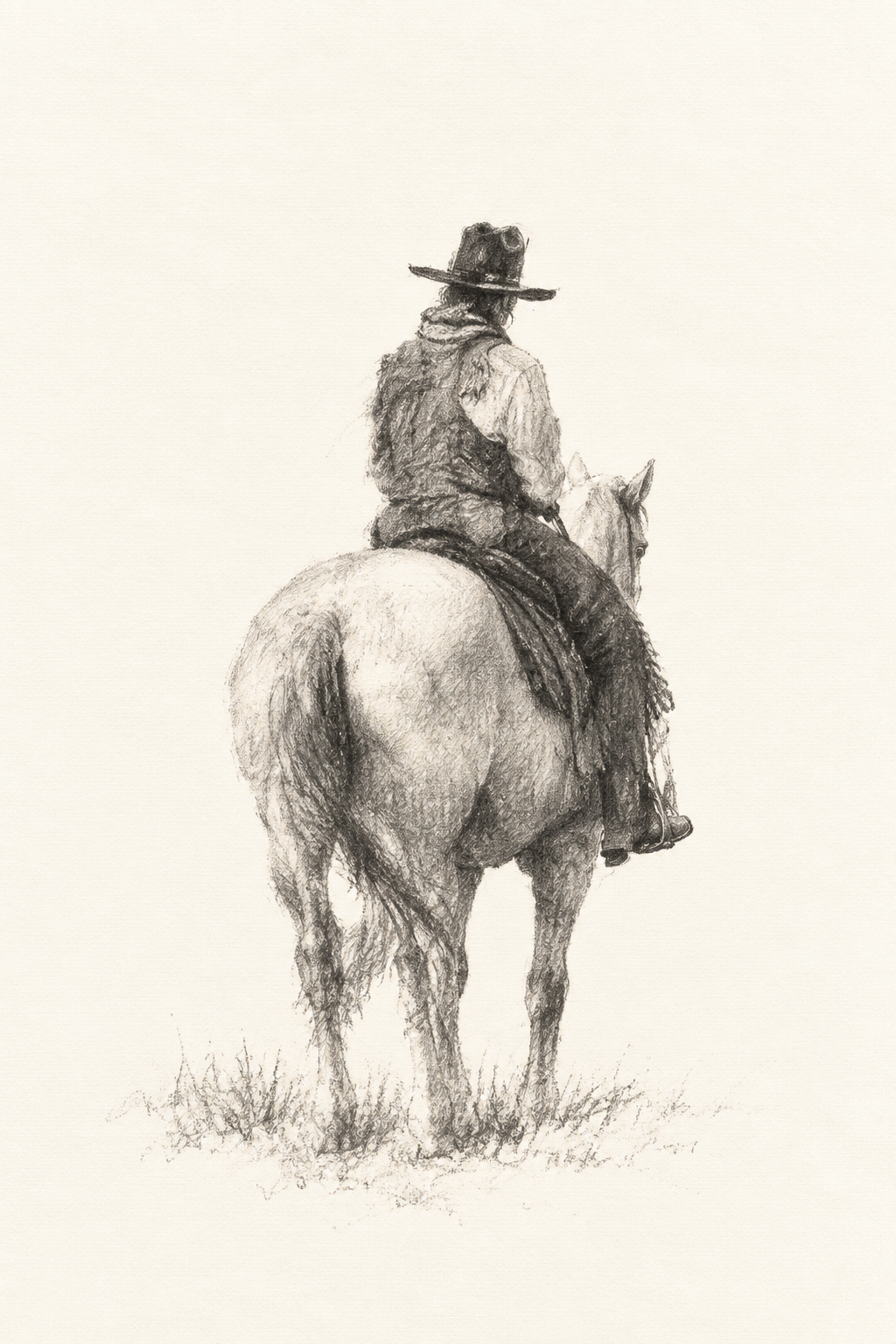 Graphite drawing of a rider on horseback