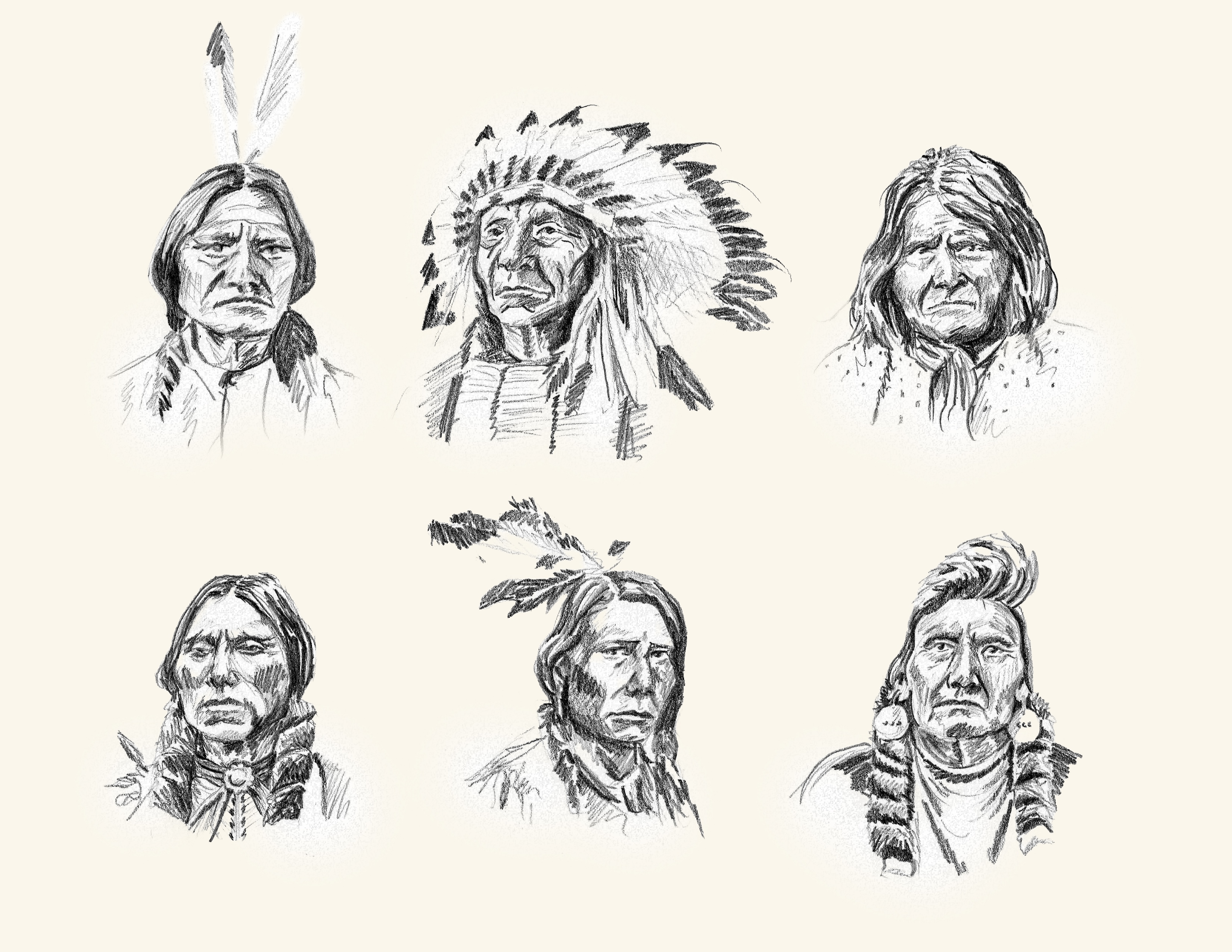 Graphite drawing of six Native American chiefs in profile