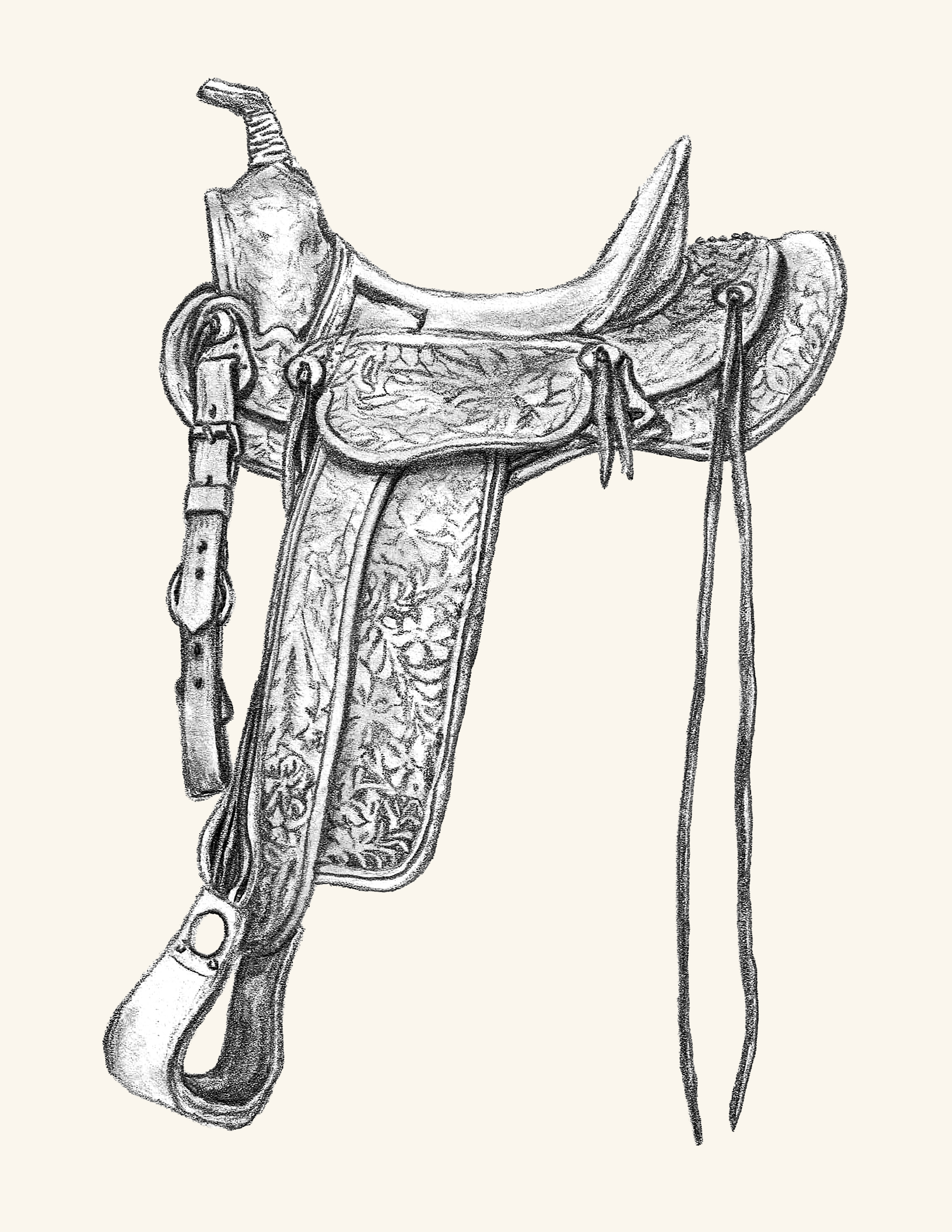 Graphite drawing of tooled leather saddlework