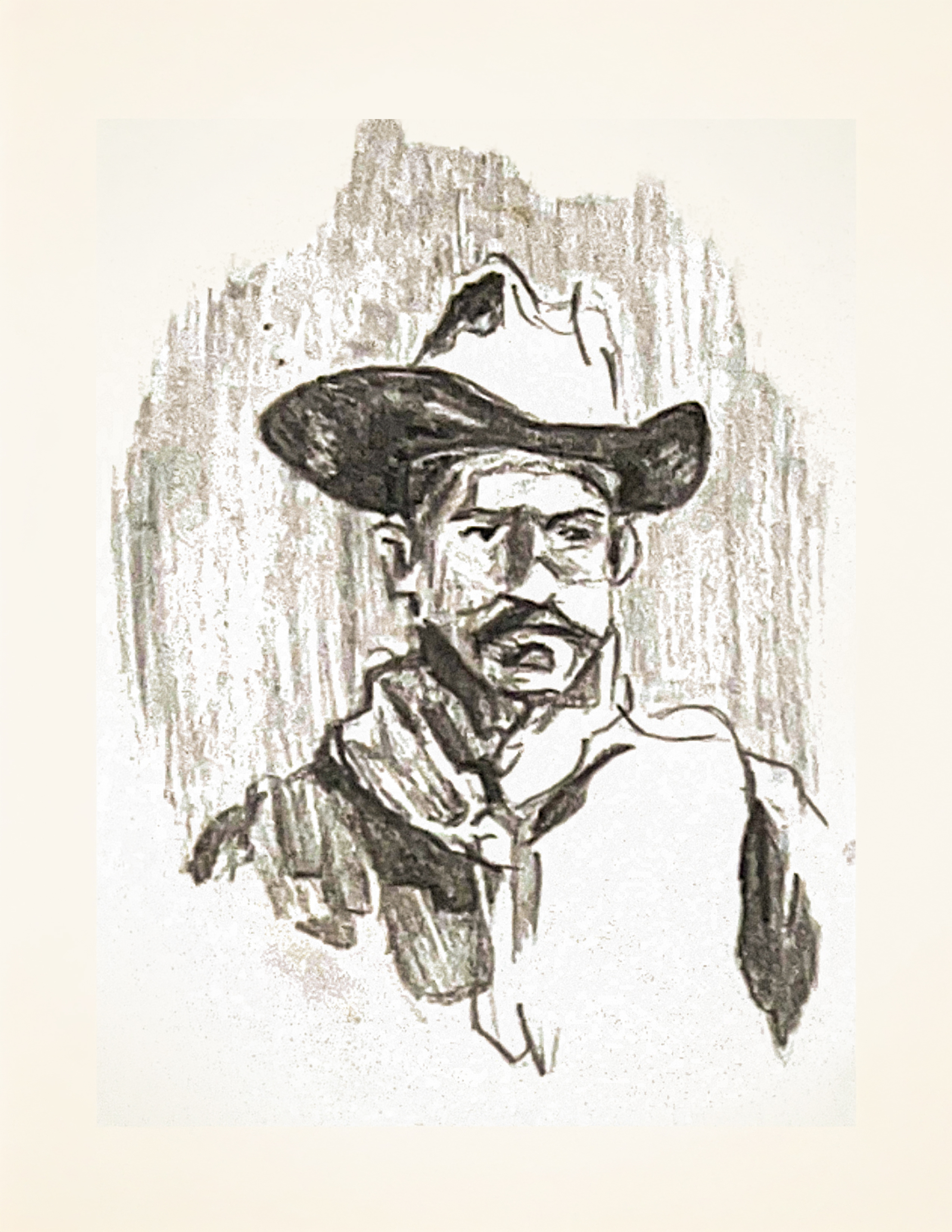 Charcoal portrait of a trail-worn cowboy