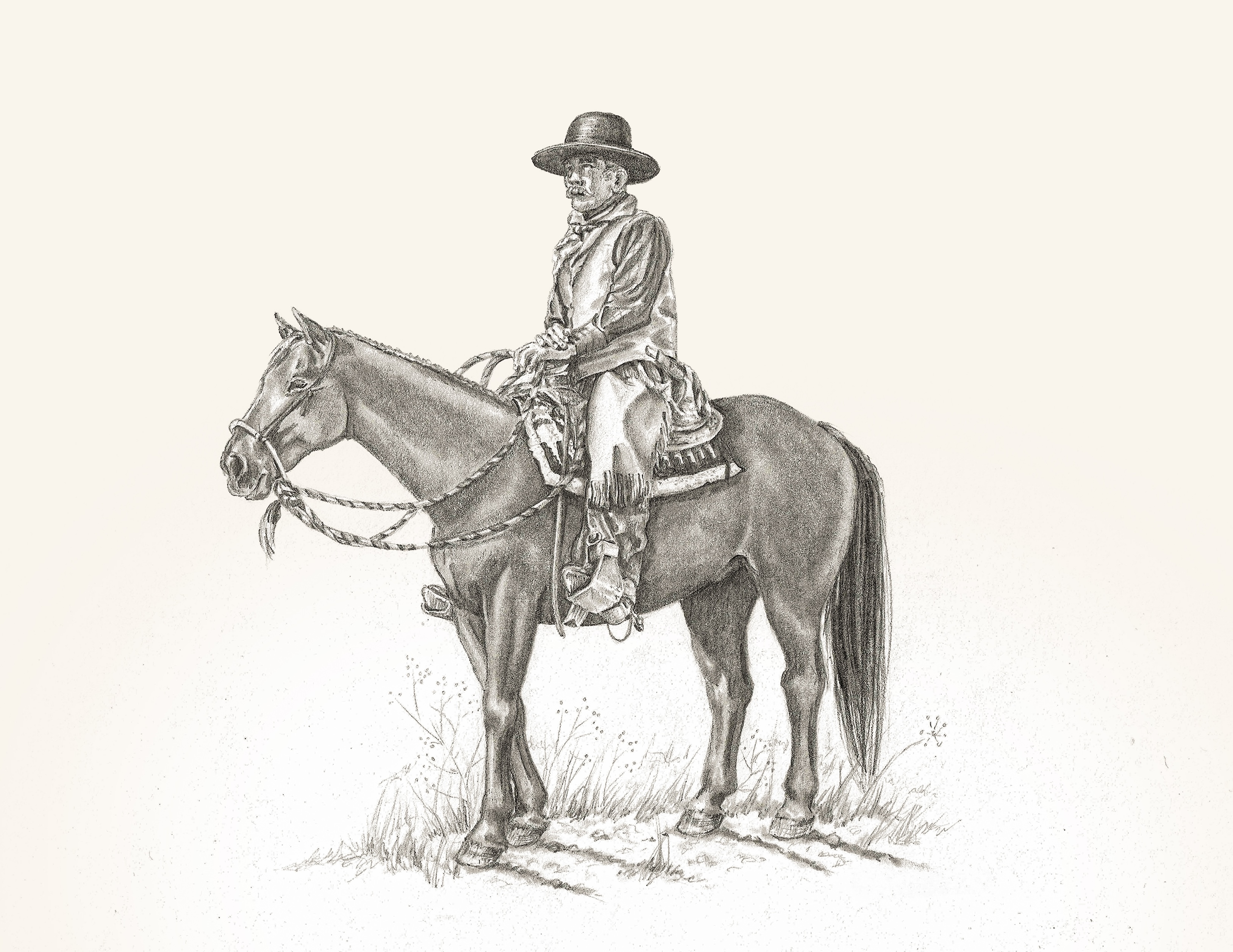 Graphite drawing of a rider watching the horizon
